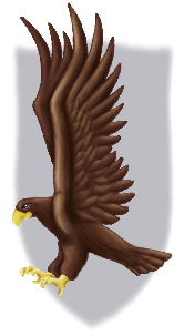 Der Ravenclaw-Adler mit aufgestellten Schwingen. Im Hintergrund ist leicht die Form eines Wappens angedeutet.